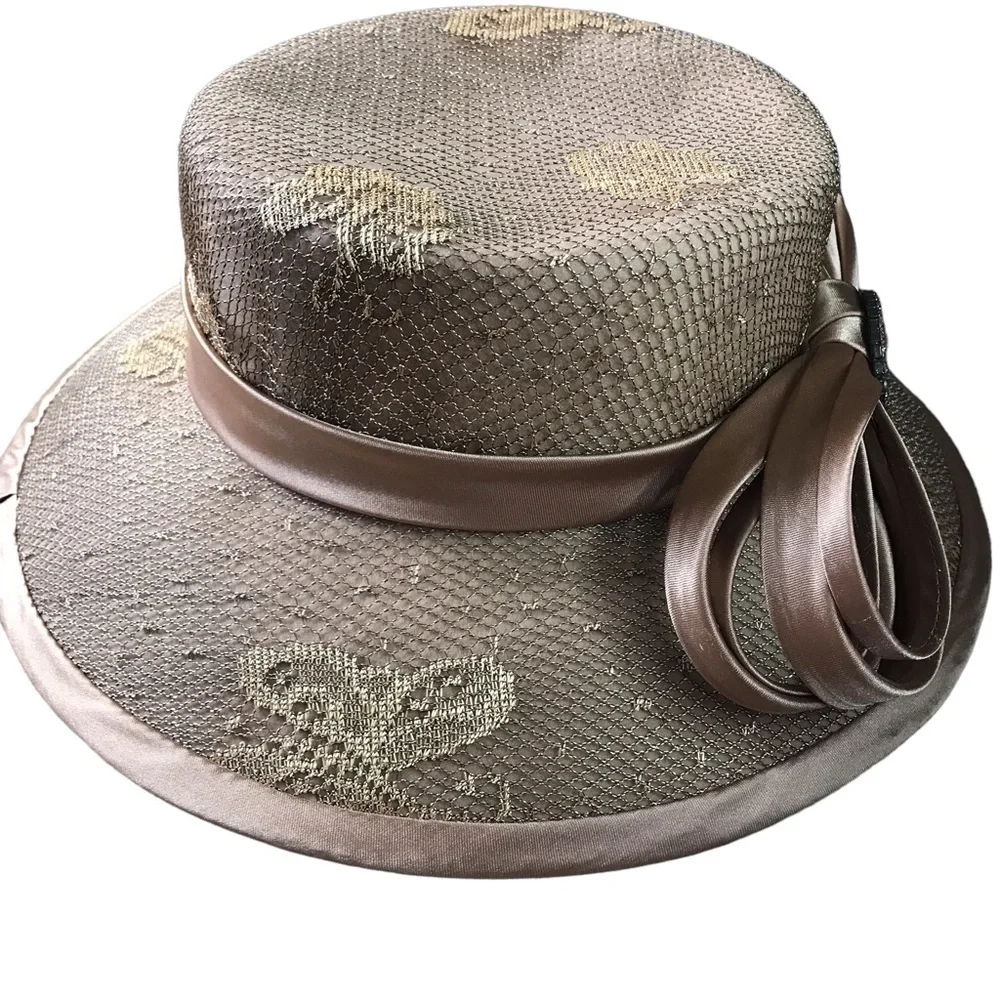 Vintage Ellie 100% wool shiny satin light brown lace derby tea hat